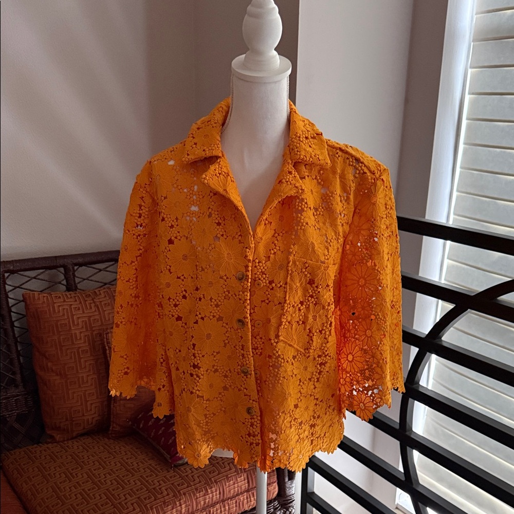 Anthropologie NWOT - Maeve Bright Orange Lace Button-Down Jacket